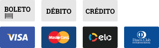 Boleto, cartão de débito ou cartão de crédito | Visa, Mastercard, Elo e Diners